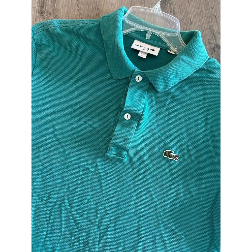 Men's Lacoste Teal Blue Cotton Shirt Short Sleeve Golf Slim Fit Size FR 4